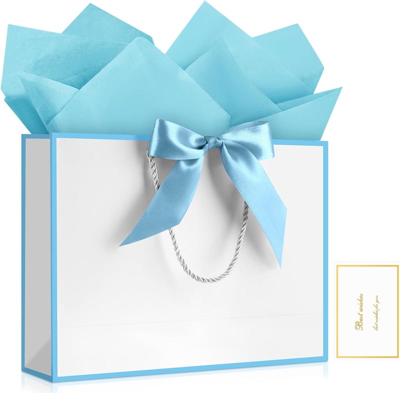 JMANNI 1PCS Large Gift Bag with Ribbon and 1 Greeting Card 2 Tissue Papers, Portable Paper Gift Bag with Handles, Birthday Present Bags for Wedding Party,Mothers Day12.6" x 9.8" x 3.9"(White-Blue - Image 1